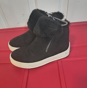 Girls Black Slip On Casual Boots Zipper Fur Shoes 12